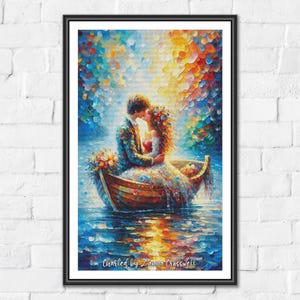 Peut inclure: Peinture encadrée représentant un couple s'embrassant dans un bateau sur l'eau. L'œuvre utilise des couleurs vives, avec des bleus, jaunes et oranges dominants. Le couple est entouré de fleurs, et le texte "Created by Zinna Crosswell" est visible.