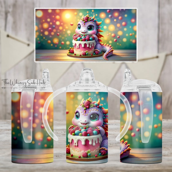 Cute Dragon With A Birthday Cake Watercolor 12 oz Kids Sippy Cup Straight Wrap Sublimation Seamless Design. Printable Digital Download PNG.