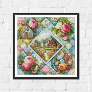 May include: Framed watercolour print depicting a patchwork design with floral and cottage scenes. The artwork shows a central landscape with a house and stream, surrounded by squares of flowers and houses. The text "Created by Laura Cresswell" is visible.