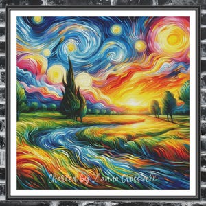 May include: A colourful painting of a starry night sky with a swirling blue and yellow sky, a bright yellow sun, and a dark green tree in the foreground. The painting is set in a field with a river flowing through it. The text "Charted by Zanna Crosswell" is in the bottom right corner.