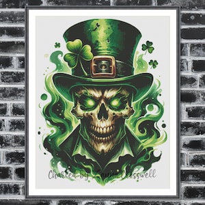 May include: A framed print featuring a skull wearing a green top hat with a gold buckle and shamrocks. The skull has glowing green eyes and is surrounded by green smoke. The text "Charted by Lavinia Crosswell" is at the bottom.