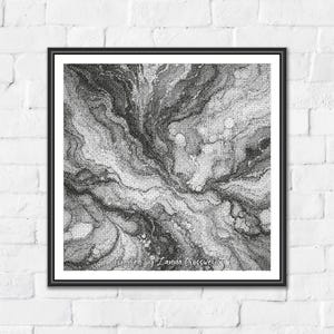 May include: Abstract black and white art print in a black frame. The artwork features a swirling, textured pattern with shades of gray and white, resembling marble or flowing water. The artist's name, "Jessica of Lanna Crosswell," is visible in the bottom right corner.