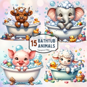 Niedliche Tiere in der Badewanne Aquarell Clipart Bundle. Clipart-Set für Sublimation. Lizenz für persönliche und kommerzielle Nutzung. POD Erlaubt.