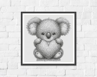 Big Heart Koala - Minimalist Monochrome One Color Counted Cross Stitch Pattern. Downloadable PDF Pattern Keeper & Markup R-XP Tested.