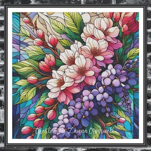 Può includere: Stampa artistica floreale incorniciata con un vivace bouquet di fiori rosa, bianchi e viola. L'opera d'arte ha un effetto vetrata, con foglie verdi e uno sfondo blu. Il nome dell'artista, "Charter by Zanna Crosswell", è visibile.