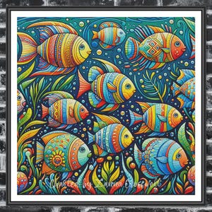 Könnte beinhalten: Ein gerahmtes, farbenfrohes Kunstwerk mit einem Schwarm stilisierter Fische in Blau-, Gelb-, Orange- und Grüntönen. Die Fische haben komplizierte Muster und sind vor einem dunkelblauen Hintergrund mit Wasserpflanzen angeordnet. Der Text "charted by Lanna Crosswell" ist sichtbar.