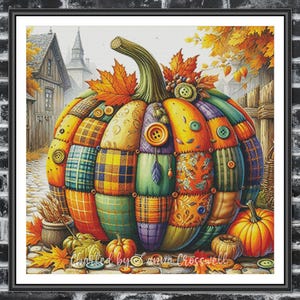 May include: A large, colorful patchwork pumpkin with buttons and a feather. The pumpkin is surrounded by fall leaves and a smaller pumpkin. The text "Charted by Samia Crosswell" is at the bottom of the image.