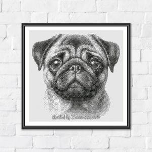 May include: Black and white framed print of a pug dog's face. The artwork is created with a dot pattern, giving it a textured appearance. The pug's features are detailed, with visible wrinkles and expressive eyes. The text "Created by StudioKall" is at the bottom.