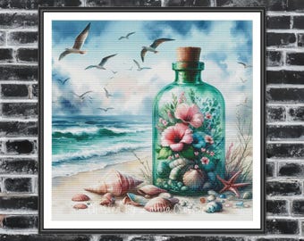 Bottled by the Shore - Beach Landscape Full Coverage Cross Stitch Pattern For Advanced Stitchers. PDF Compatible With Pattern Keeper.
