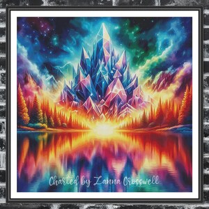 May include: A colorful digital painting of a crystal mountain range reflecting in a still lake. The mountain is made of many different colored crystals, and the sky is filled with stars and nebulae. The text "Charted by Zanna Crosswell" is at the bottom of the image.