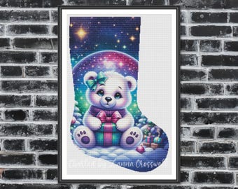 Polar Bear Christmas Stocking - Full Coverage Cross Stitch Pattern For Advanced Stitchers Downloadable Printable PDF Digital Download.