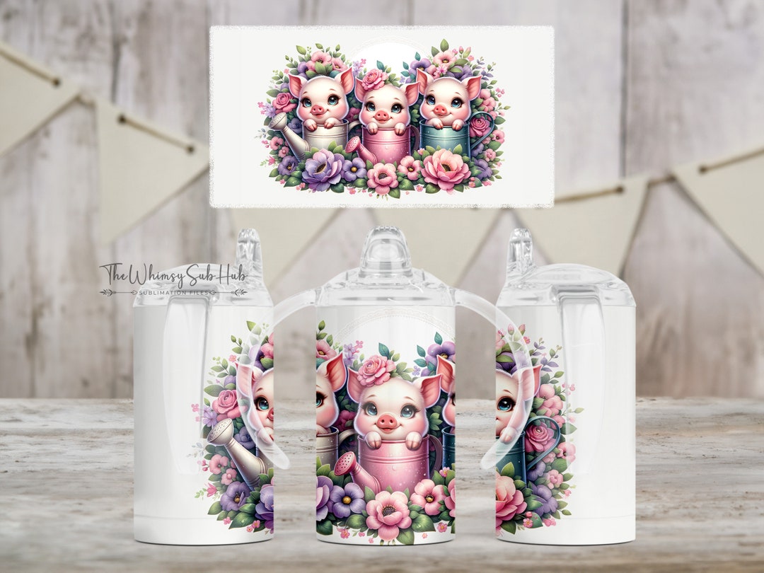 Cute Floral Pink Piglets 12 Oz Kids Sippy Cup Straight Wrap Sublimation ...