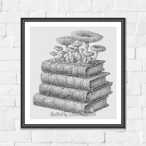 May include: A black and white cross stitch pattern featuring a stack of four hardcover books with a cluster of various sized mushrooms growing from the top. The design is framed in a black border and includes the text Charted by Donna Crossstitch.