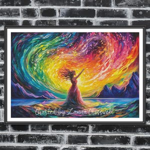 Könnte beinhalten: Ein gerahmter Kunstdruck mit einer Frau in einem fließenden Kleid mit erhobenen Armen, vor einem lebendigen, wirbelnden Hintergrund in Regenbogenfarben. Das Kunstwerk zeigt Berge und Wasser, mit dem Text "Charted by Lanna Crosswell".