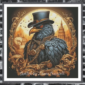 May include: A digital art print featuring a raven in a top hat and formal attire, set against a cityscape backdrop. The raven has red eyes and is adorned with gold jewelry. The artwork is framed with an ornate gold border and includes the text "Charted by Lanna Crosswell".