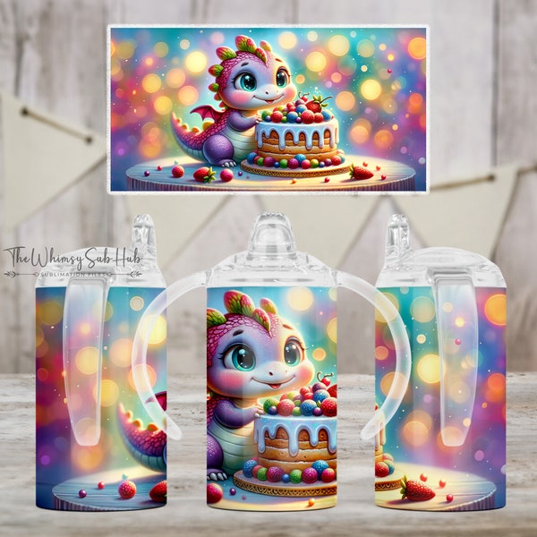 Cute Dragon With A Birthday Cake Watercolor 12 oz Kids Sippy Cup Straight Wrap Sublimation Seamless Design. Printable Digital Download PNG.