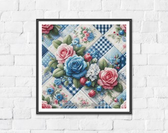 Rose Quilt - Floral Patchwork Full Coverage Cross Stitch Pattern. Downloadable Printable PDF Pattern Keeper & Markup R-XP App Compatible