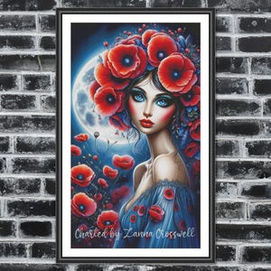 May include: Framed art print depicting a woman adorned with red poppy flowers, wearing a blue dress, set against a full moon backdrop. Red poppies are also in the foreground. The text "Charted by Zanna Crosswell" is visible at the bottom.