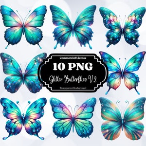 Pacote de clipart de borboletas brilhantes turquesa, água e azul para sublimação ou DTF UV. Licença de uso pessoal e comercial. POD permitido.