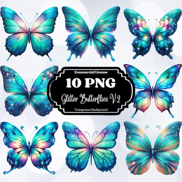 Glitter Butterflies Turquoise, Aqua, and Blue Clipart Bundle For Sublimation Or UV DTF. Personal and Commercial Use License. POD Allowed.