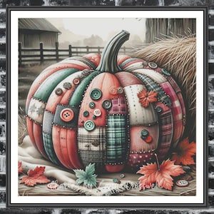 May include: A patchwork pumpkin with a variety of fabrics, including plaid, floral, and solid colors. The pumpkin is decorated with buttons and has a rustic, autumnal feel.
