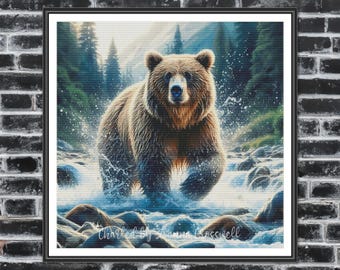 Mighty Beast - Bear Large Modern Full Coverage Counted Cross Stitch Pattern For Experienced Stitchers. Printable PDF. Pattern Keeper Tested.
