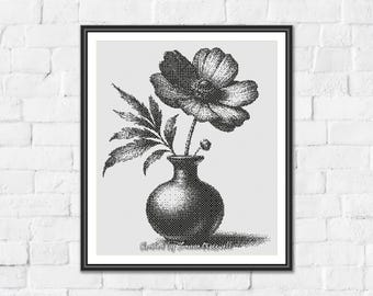 A Flower in a Vase - Minimalist Monochrome One Color Counted Cross Stitch Pattern. Downloadable PDF Pattern Keeper & Markup R-XP Tested.