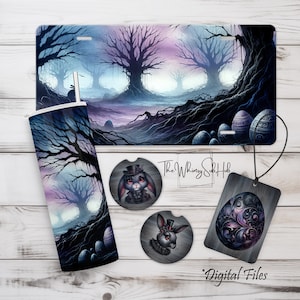 Paquete de regalo para coche con sublimación de acuarela de Pascua gótica. Juego de temática oscura para vaso de 20 oz, posavasos para automóvil, placa de matrícula y ambientador para automóvil.