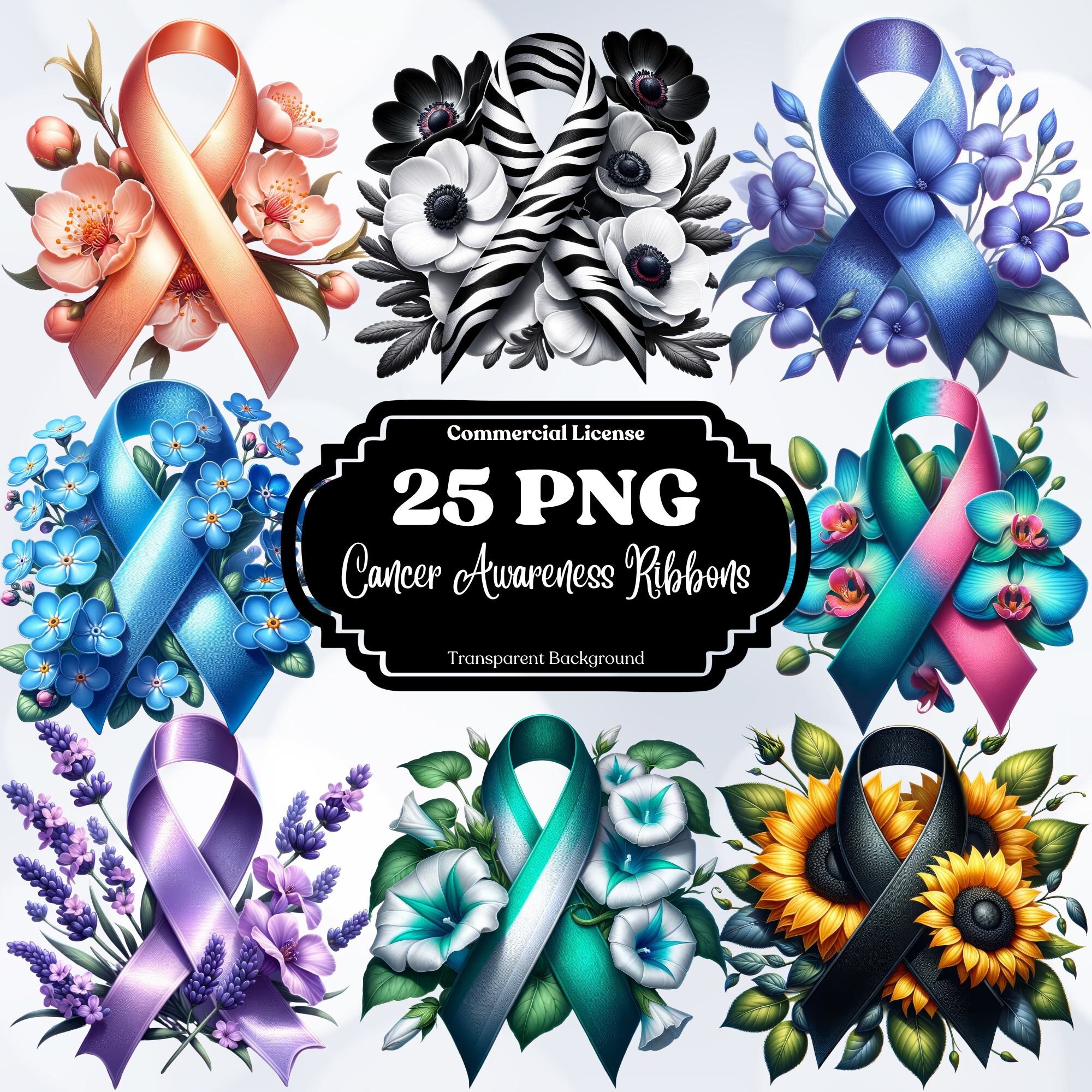 Floral Cancer Awareness Ribbons Clipart Bundle. Clipart Set for ...