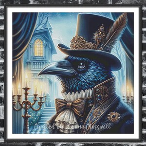 May include: A digital art print of a raven in a top hat and formal attire. The raven is wearing a black top hat with a gold crown and feather. The raven is wearing a blue coat with gold accents and a white ruffled collar. The background shows a mansion and candles.