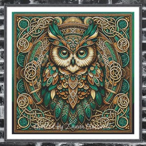 May include: Framed artwork featuring a detailed owl illustration in shades of teal, gold, and brown. The owl is surrounded by intricate Celtic knotwork. The artwork is signed "Created by Zayna Crocheted".