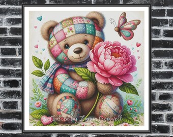 Spring Patchwork Bear - Cute Modern Full Coverage Cross Stitch Pattern For Advanced Stitchers. PDF Compatible With Pattern Keeper