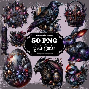 Pacote de clipart em aquarela de Páscoa gótica. Conjunto de clipart floral com tema escuro para sublimação. Licença de uso pessoal e comercial. POD permitido.