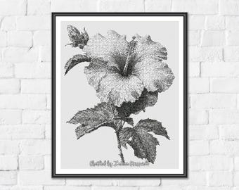 Hibiscus - Minimalist Monochrome One Color Counted Cross Stitch Pattern. Downloadable PDF Pattern Keeper & Markup R-XP Tested.