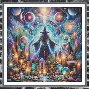Op de afbeelding: Een ingelijste, kleurrijke fantasy art print met een heks met uitgestrekte armen, omringd door kaarsen, kristallen en hemellichamen. Het kunstwerk heeft een mystiek thema met levendige blauwen, paarsen en goudtinten. De tekst "Charted by Zanna Crosswell" is zichtbaar onderaan.