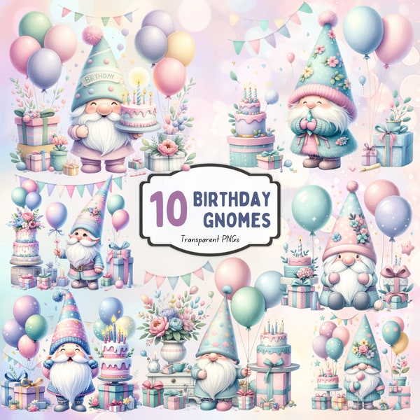 Birthday Party Gnomes Pastel Hues Watercolor Clipart Bundle. Clipart Set For Sublimation. Personal and Commercial Use License. POD Allowed.