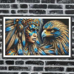May include: A digital painting of a woman with blue and gold feathers and a mask, with a golden eagle beside her. The woman has blue and gold paint on her face and a blue and gold headdress. The eagle has a blue and gold beak and feathers. The painting is titled "Charted by Zanna Crosswell".