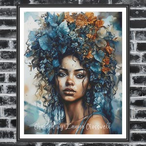 May include: A framed watercolor print of a woman with curly hair adorned with blue and orange flowers and foliage. The woman has a serene expression. The artwork is signed "Charted by Lanna Crosswell" in the lower right corner.