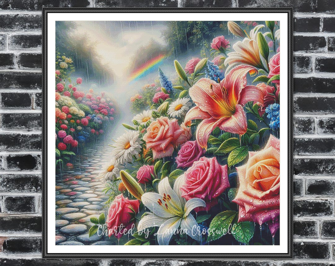 Rainy Garden - Floral Modern Full Coverage Counted Cross Stitch Pattern ...