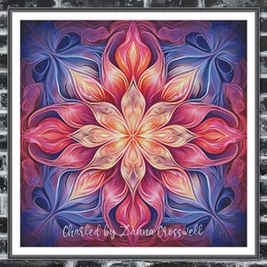 Op de afbeelding: Een ingelijst, kleurrijk bloemenkunstwerk met een symmetrisch ontwerp. Het kunstwerk toont een centrale bloem in tinten roze, oranje en geel, omringd door blauwe en paarse bloembladachtige vormen. De tekst "Charted by Zanna Crosswell" is zichtbaar.