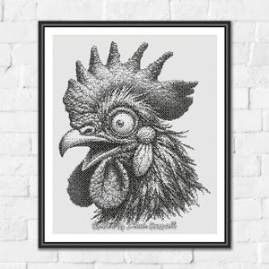 Gallo Loco - Patrón minimalista monocromático de punto de cruz. Descarga el patrón en PDF y el marcador. Probado en R-XP.