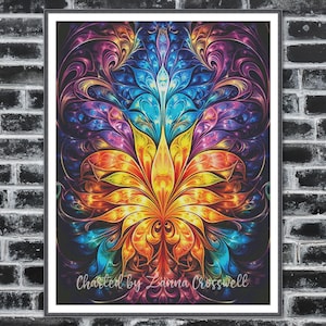 May include: A framed, vibrant, abstract floral art print. The artwork features a symmetrical design with a central flower in shades of yellow, orange, and red, transitioning to blue, purple, and pink. The text "Charted by Zanna Crosswell" is at the bottom.