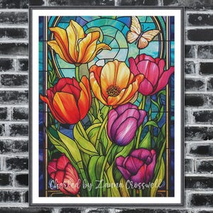 Può includere: Un'illustrazione in stile vetrata di un mazzo di tulipani in tonalità di rosso, giallo e viola. Una farfalla con ali marroni vola sopra i fiori. Il testo "Charted by Zanna Crosswell" è in basso nell'immagine.