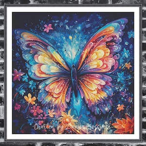 May include: A vibrant, colorful butterfly painting with a dark blue background. The butterfly's wings feature shades of orange, yellow, pink, and blue. Surrounding the butterfly are various flowers in shades of pink, orange, and blue. The text "Charted by Anna Crosswell" is visible.