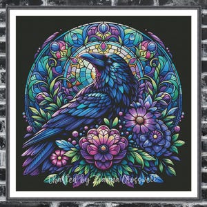 May include: A framed, colorful illustration of a raven in a stained-glass style. The raven is depicted in shades of blue and purple, surrounded by flowers and a decorative circular background. The text "Charted by Zanna Crosswell" is at the bottom.