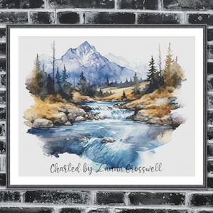 May include: Watercolor painting of a mountain landscape with a river and waterfall. The artwork features blue, brown, and green hues, with the text "Charted by Zanna Crosswell" at the bottom. The painting is framed.