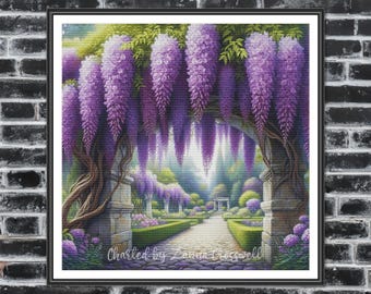 May include: A framed print of a garden scene with a stone archway covered in cascading purple wisteria. A stone path leads to a gazebo in the distance, lined with manicured hedges and flowering bushes. The text "Charted by Zanna Crosswell" is visible.