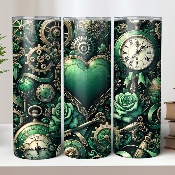Emerald Steampunk Heart Watercolor 20 & 30 oz Straight Skinny Tumbler Wrap Sublimation Seamless Design. Digital Download PNG.