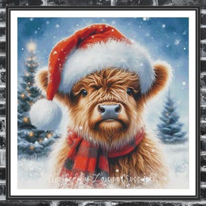 May include: A framed print of a Highland cow wearing a Santa hat and a red plaid scarf, set against a snowy winter scene with Christmas trees. The artwork is signed "Charted by Lanna Crosswell".