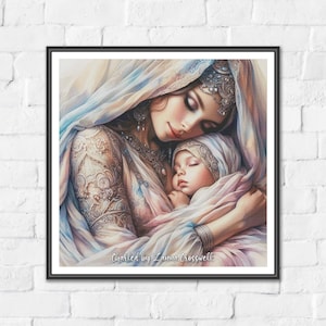 Puede incluir: Impresión artística digital enmarcada de una madre y su hijo. La madre, adornada con joyas y un velo, acuna a un bebé dormido. La obra presenta colores pastel suaves y detalles intrincados. El texto "Created by Laura Rosswell" es visible.